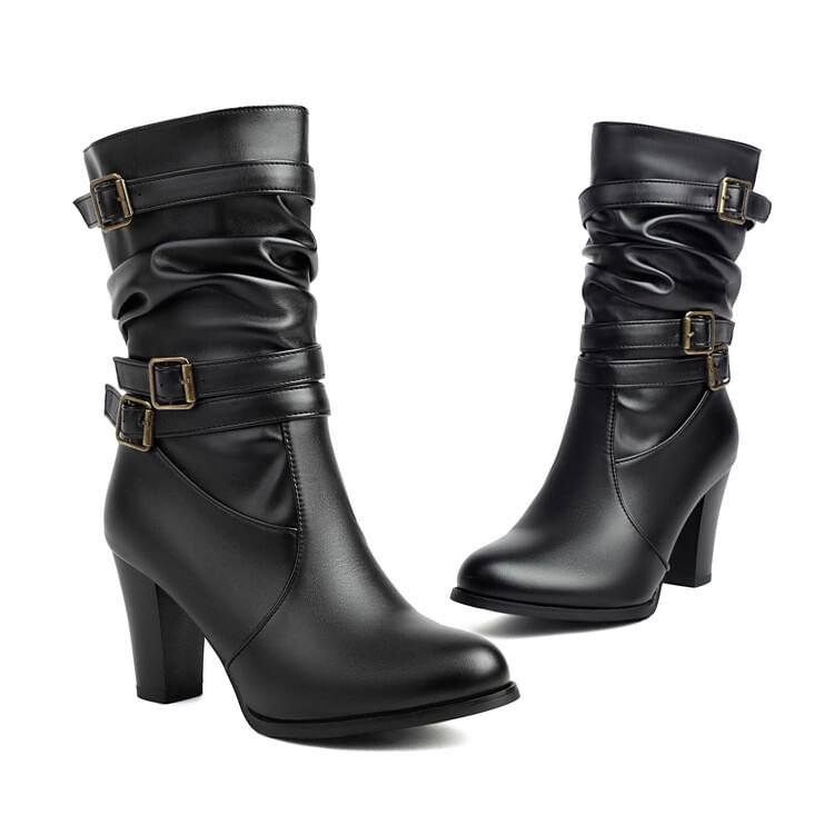 Boots Mid-Calf Heel Chunky Buckled
