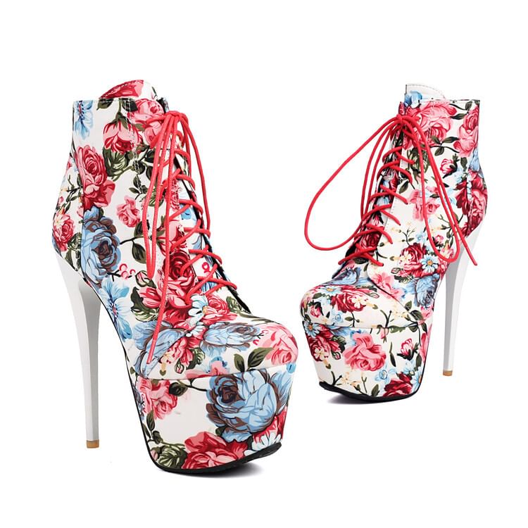 Heel Ankle Floral Stiletto Boots Lace-Up Platform