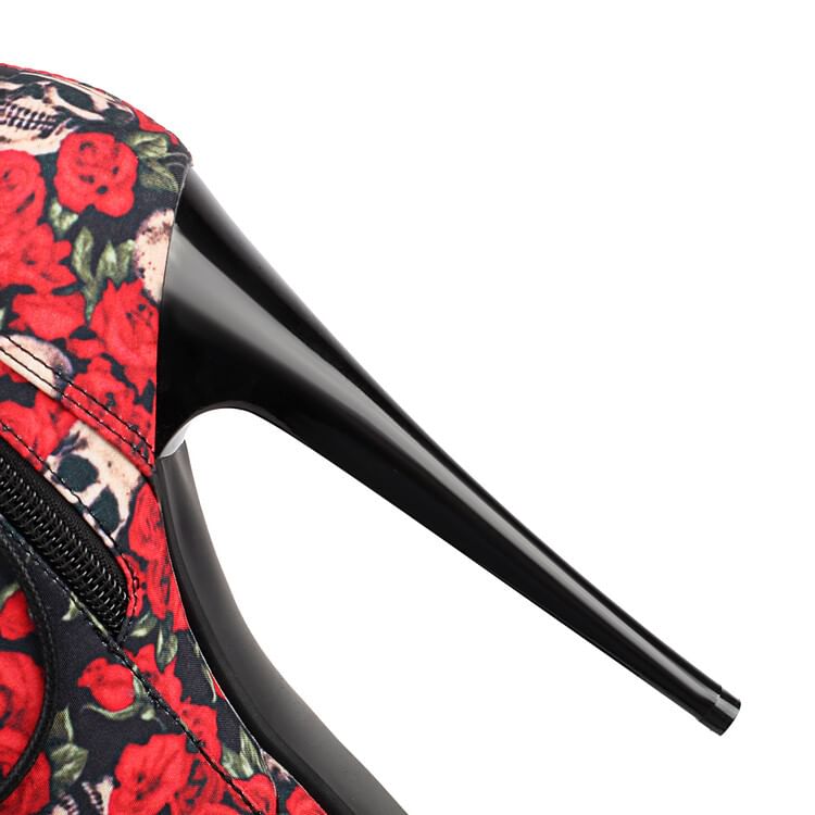 Heel Ankle Floral Stiletto Boots Lace-Up Platform