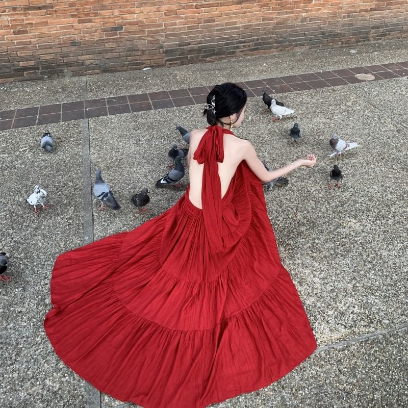 A-Line Plain Sleeveless Dress Maxi V-Neck