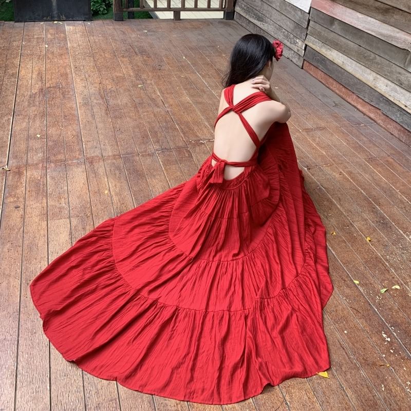 A-Line Plain Sleeveless Dress Maxi V-Neck