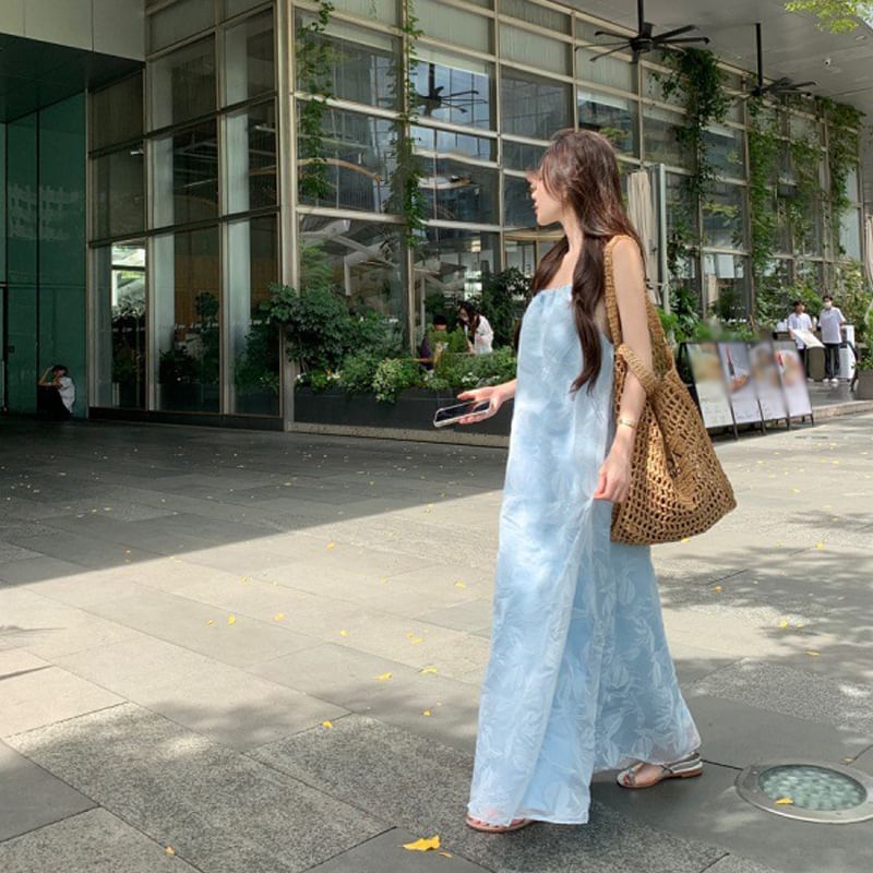 Maxi Spaghetti Leaf Sundress Print Strap