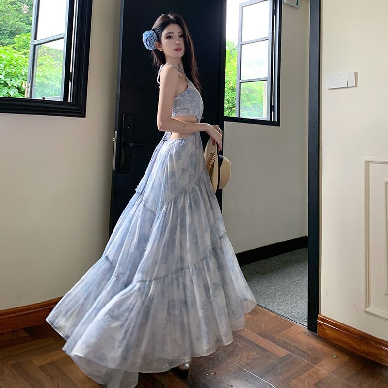 Floral A-Line Maxi Dress Halter Cutout