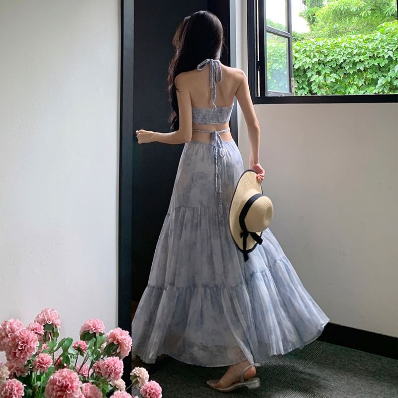 Floral A-Line Maxi Dress Halter Cutout