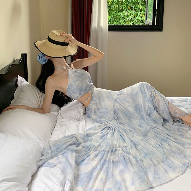 Floral A-Line Maxi Dress Halter Cutout