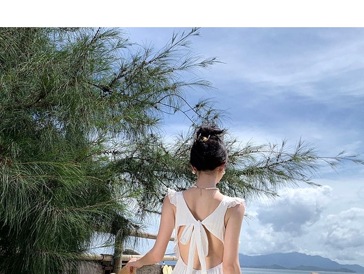 Open Back Dress Maxi Lace Sleeveless A-Line Trim Plain