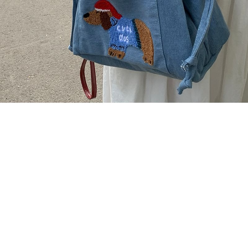 Dog Applique Drawstring Denim Tote Bag