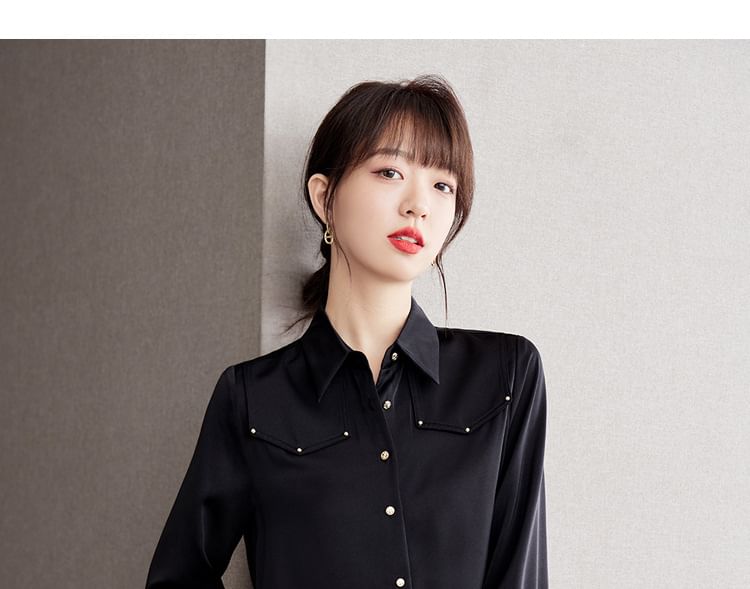 Long Sleeve Lapel Neck Plain Studded Shirt