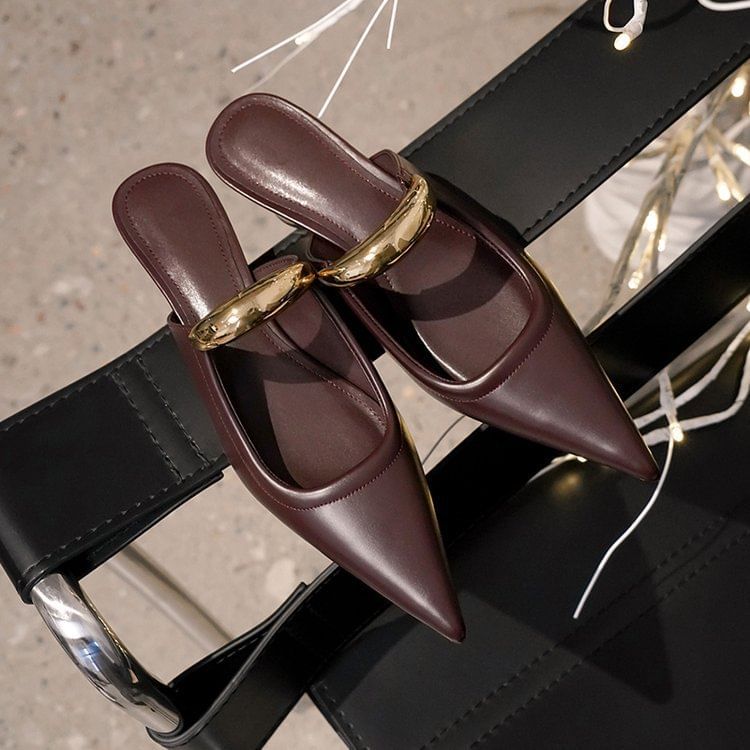 Accent Pointed Toe Chunky Mules Metal Leather Heel Faux