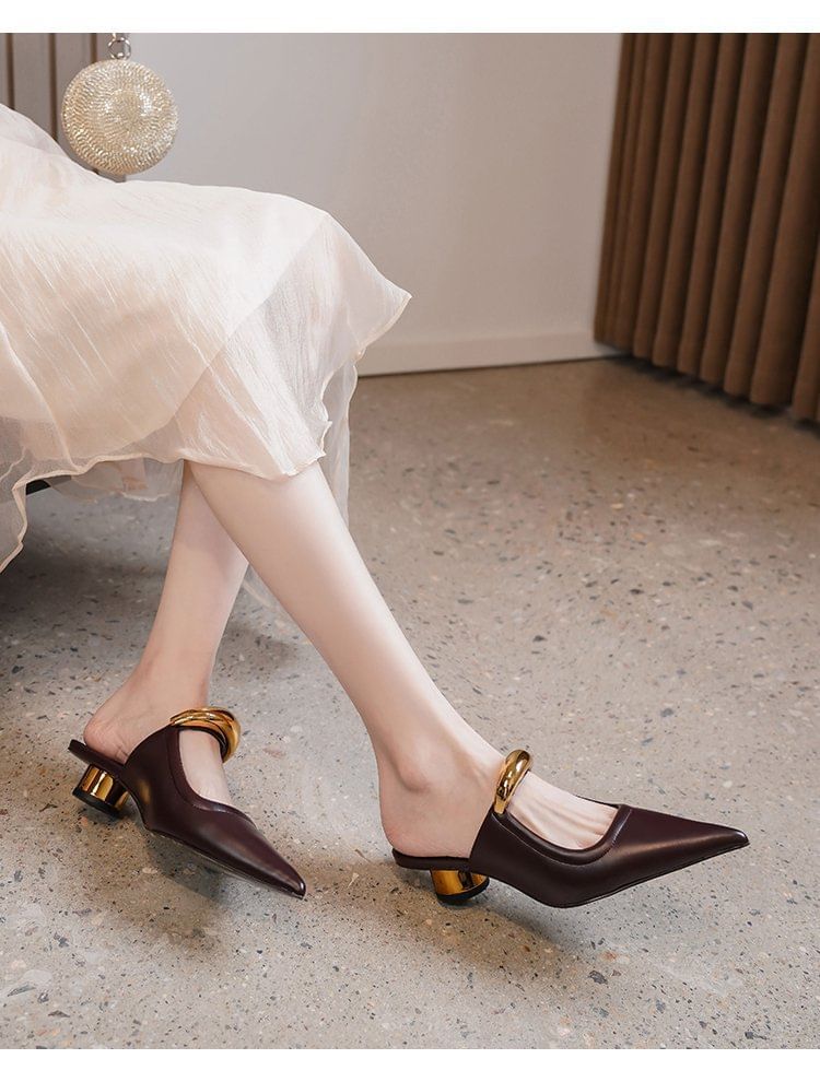 Accent Pointed Toe Chunky Mules Metal Leather Heel Faux