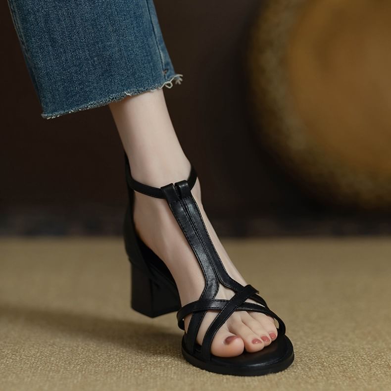 Ankle Strap Plain Leather Gladiator Faux Chunky Heel Sandals