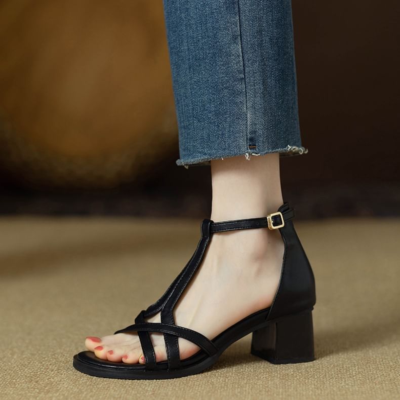 Ankle Strap Plain Leather Gladiator Faux Chunky Heel Sandals