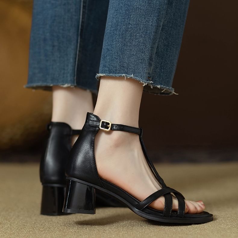 Ankle Strap Plain Leather Gladiator Faux Chunky Heel Sandals