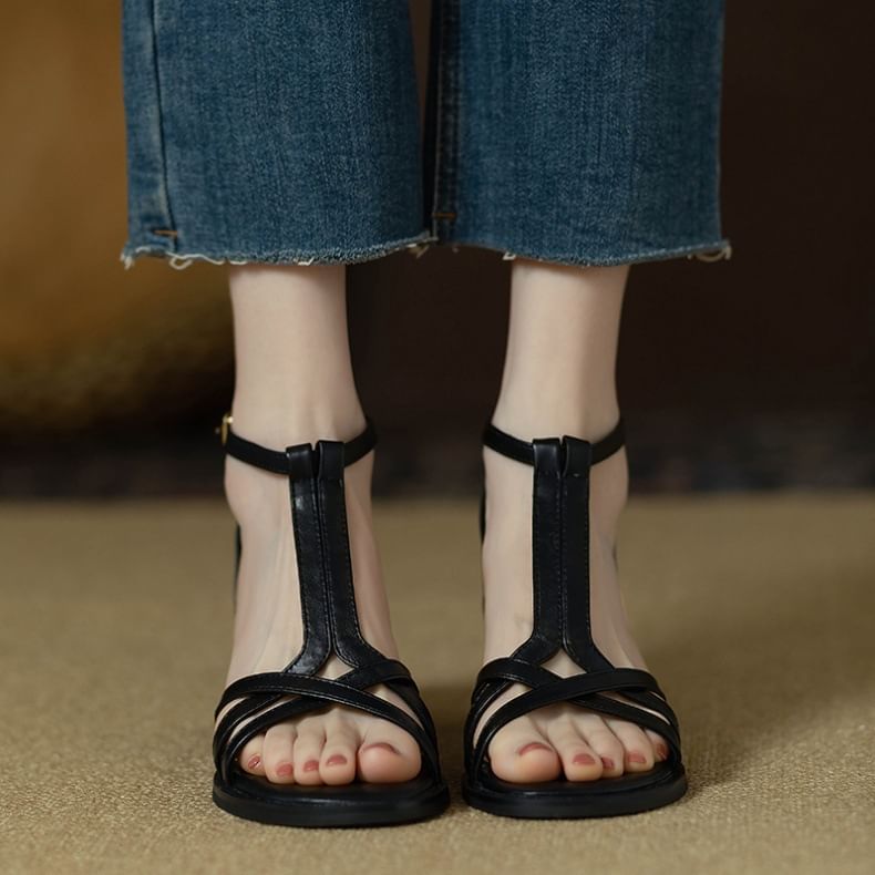 Ankle Strap Plain Leather Gladiator Faux Chunky Heel Sandals