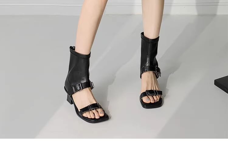 Plain Faux Leather Chunky Heel Toe Square Sandals Top High Buckled