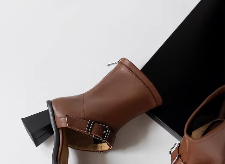 Plain Faux Leather Chunky Heel Toe Square Sandals Top High Buckled