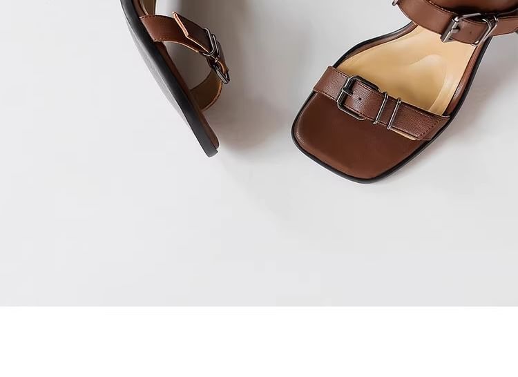 Plain Faux Leather Chunky Heel Toe Square Sandals Top High Buckled