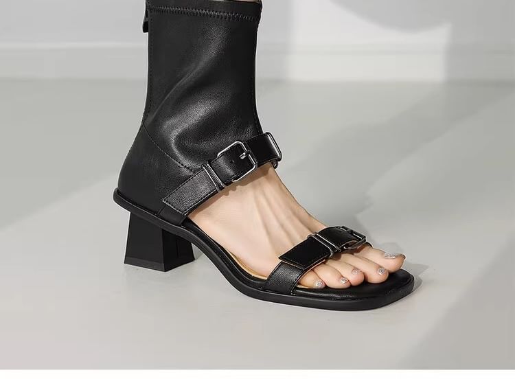 Plain Faux Leather Chunky Heel Toe Square Sandals Top High Buckled