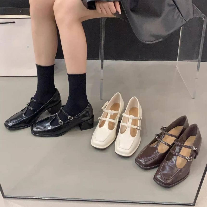 Chunky Heel Square Toe T-Strap Plain Mary Jane Pumps