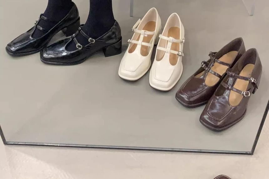 Chunky Heel Square Toe T-Strap Plain Mary Jane Pumps