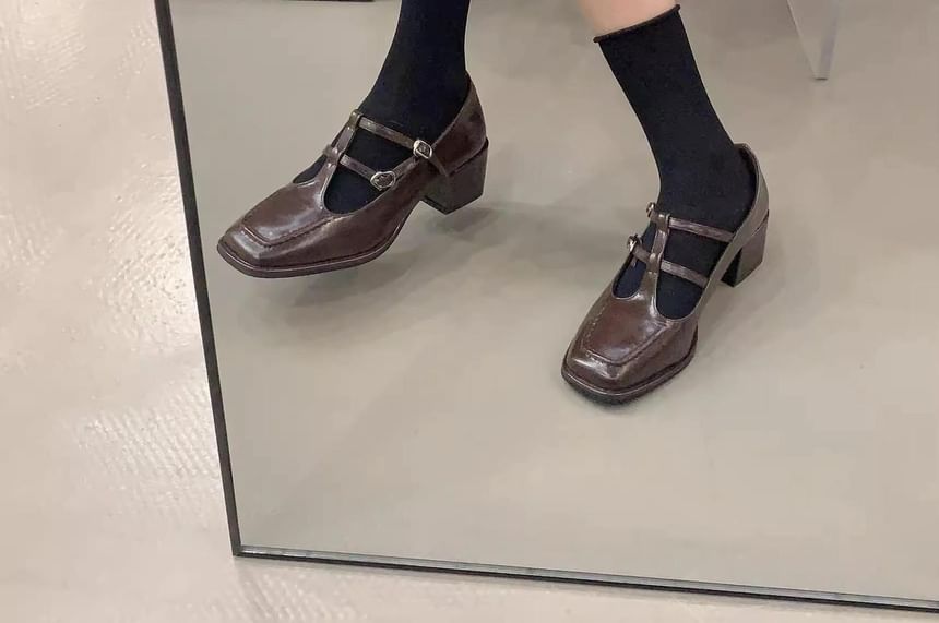 Chunky Heel Square Toe T-Strap Plain Mary Jane Pumps