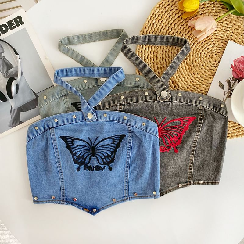 Halter Butterfly Embroidered Washed Panel Crop Denim Top