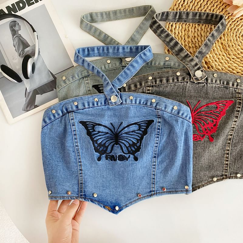 Halter Butterfly Embroidered Washed Panel Crop Denim Top