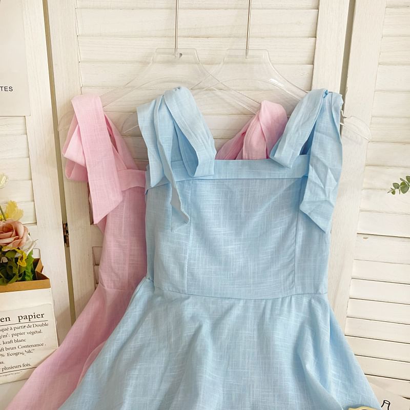 Tie Shoulder Solid Mini A-Line Dress