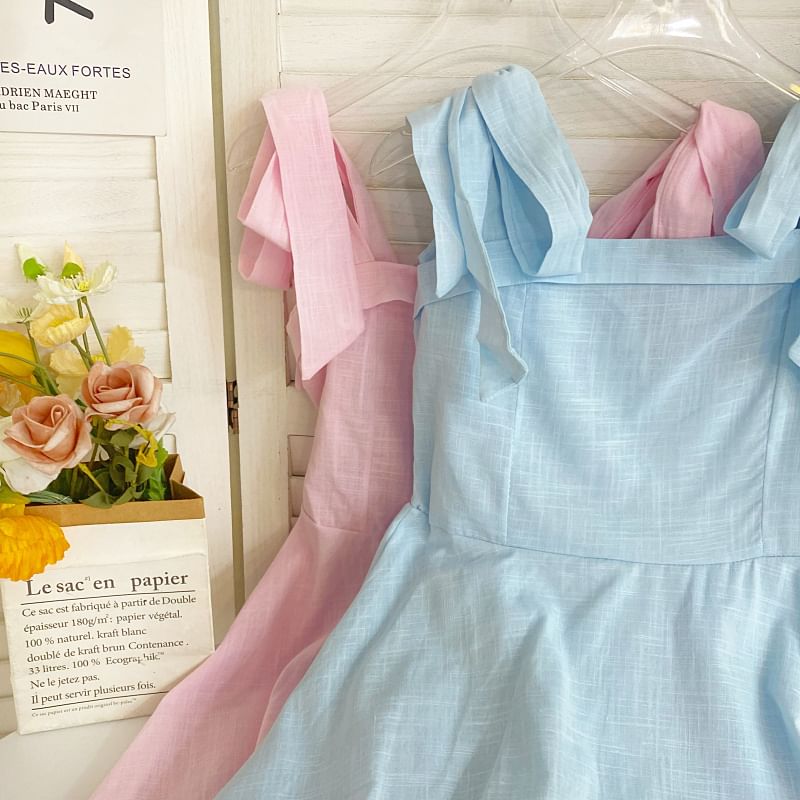 Tie Shoulder Solid Mini A-Line Dress