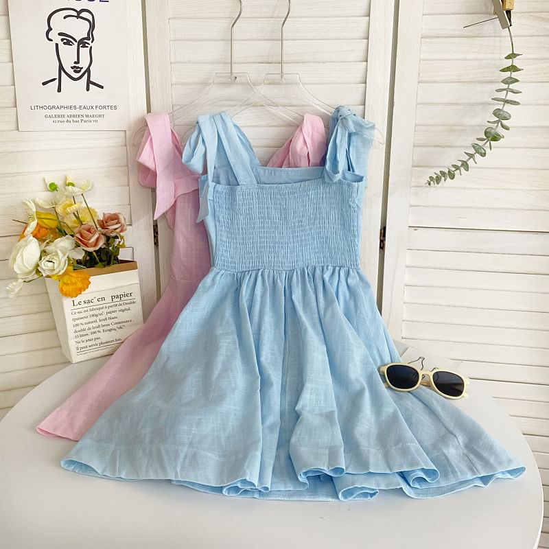 Tie Shoulder Solid Mini A-Line Dress