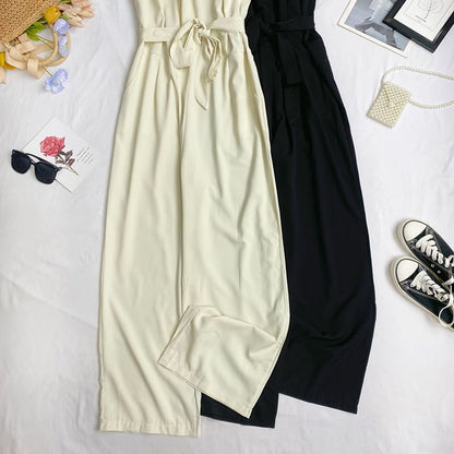 Spaghetti Strap Plain Tie-Waist Wide Leg Jumpsuit