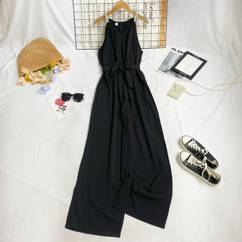 Spaghetti Strap Plain Tie-Waist Wide Leg Jumpsuit