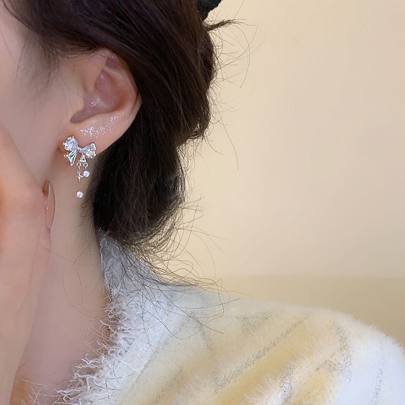 Bow Rhinestone Alloy Drop Earring