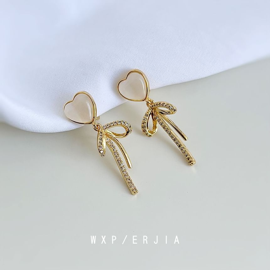 Heart Clip Drop On Earring Bow Rhinestone