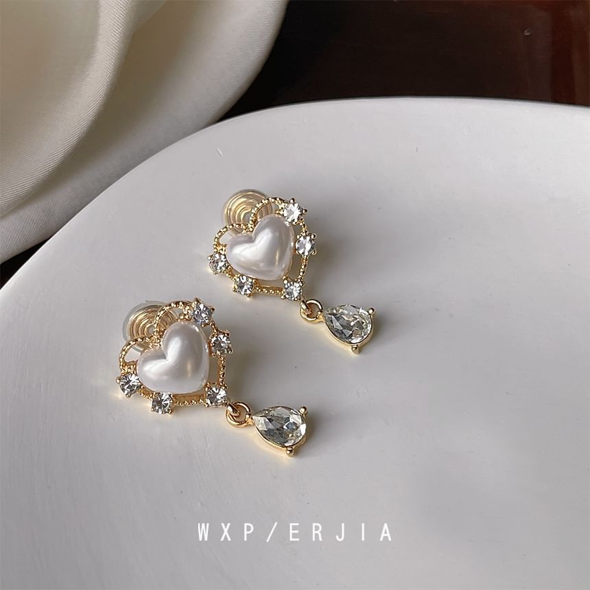 Rhinestone Pearl On Earring Faux Clip Heart Drop