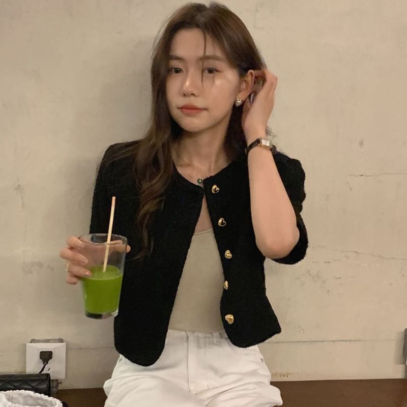 Crewneck Button-Up Tweed Crop Jacket