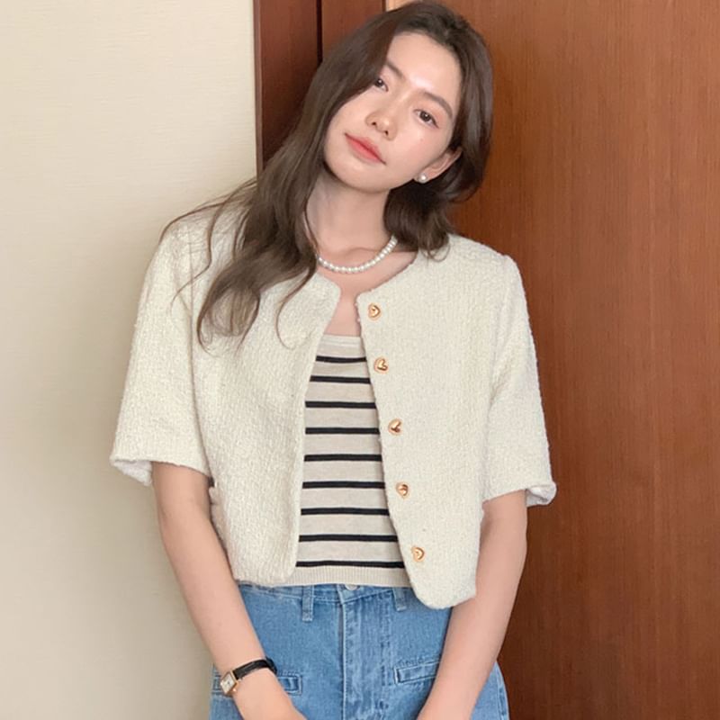 Crewneck Button-Up Tweed Crop Jacket