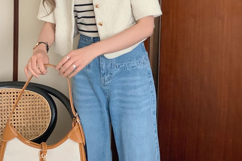 Crewneck Button-Up Tweed Crop Jacket