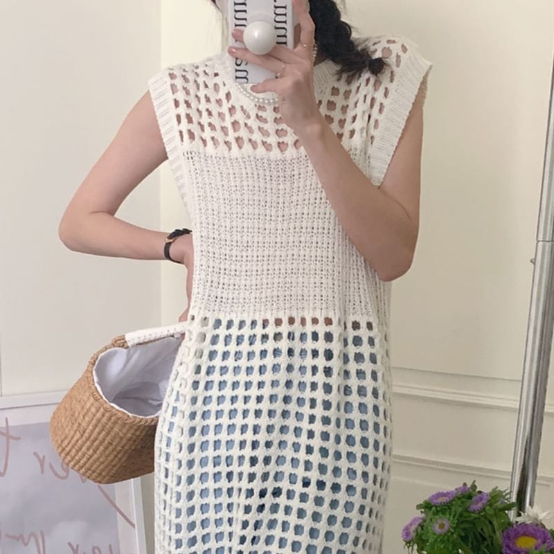 Sleeveless Perforated Plain Knit Dress