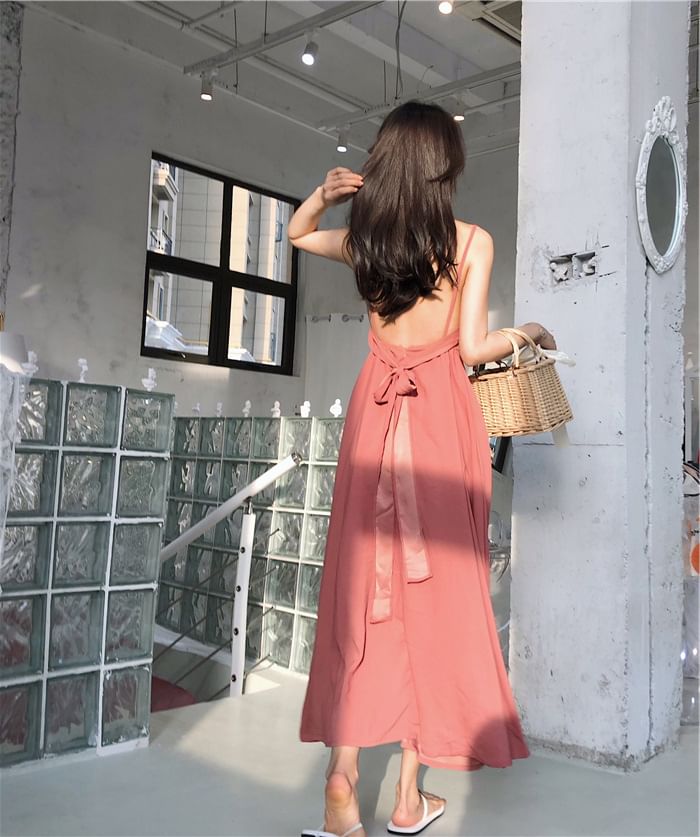 Maxi Spaghetti Back Plain Sundress Open Strap
