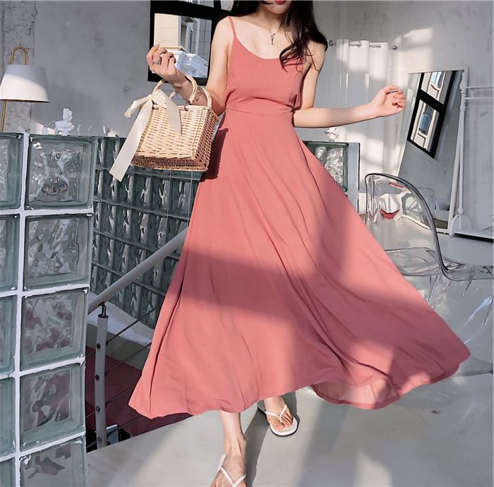 Maxi Spaghetti Back Plain Sundress Open Strap