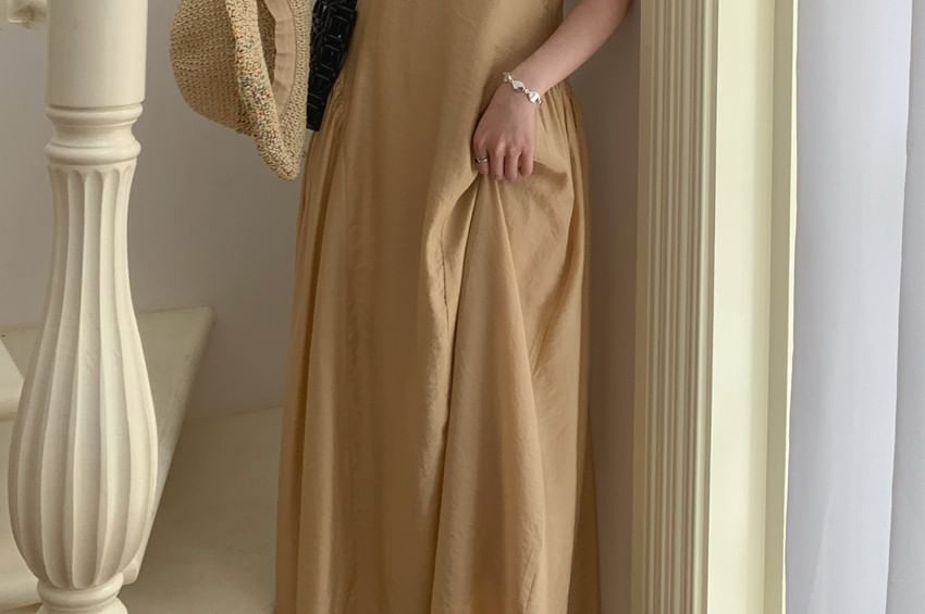 Thin Strap Solid Midi A-Line Dress
