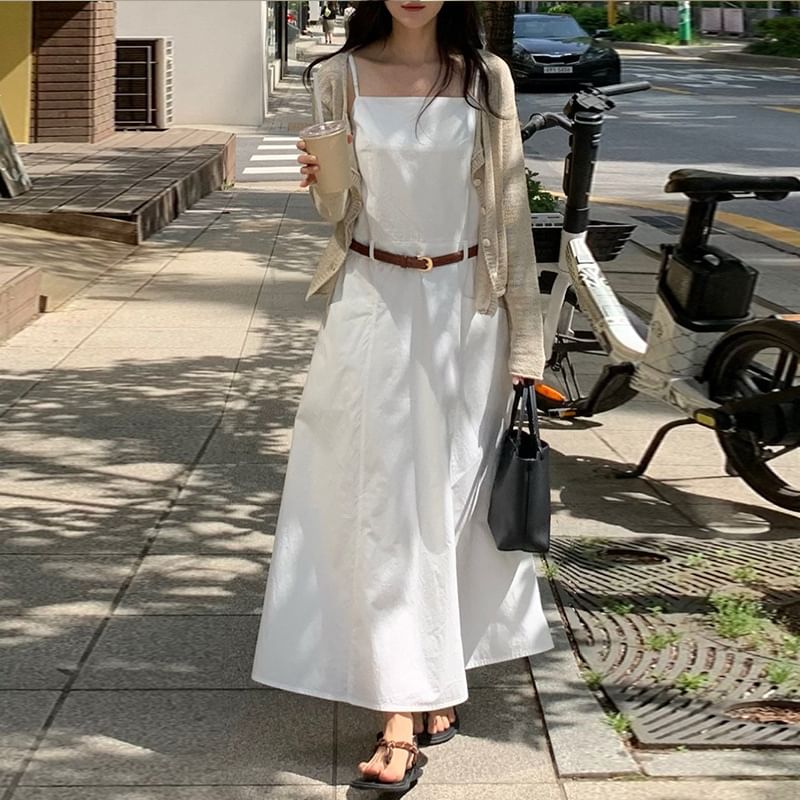 Thin Strap Solid Midi A-Line Dress