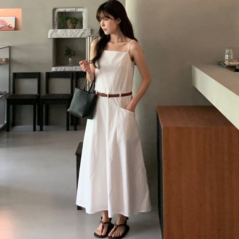 Thin Strap Solid Midi A-Line Dress