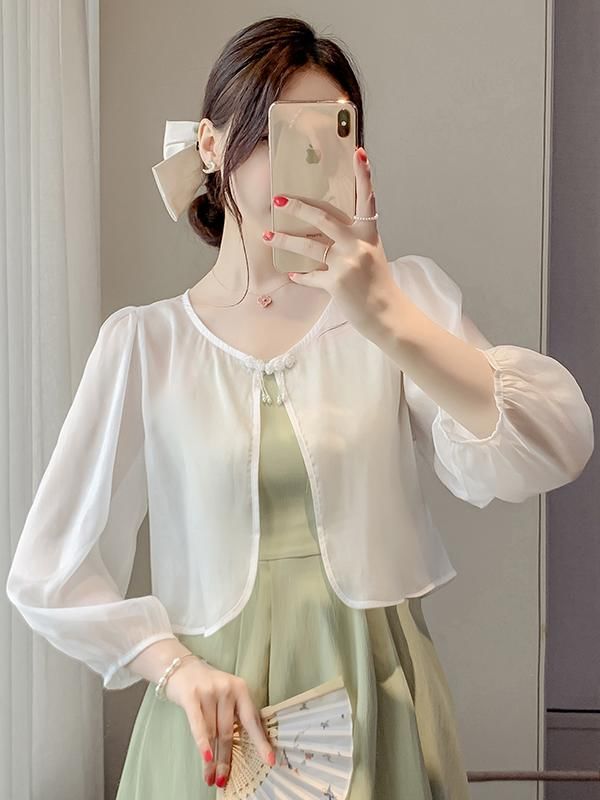 Puff-Sleeve Solid Light Jacket / Thin Strap Midi A-Line Dress