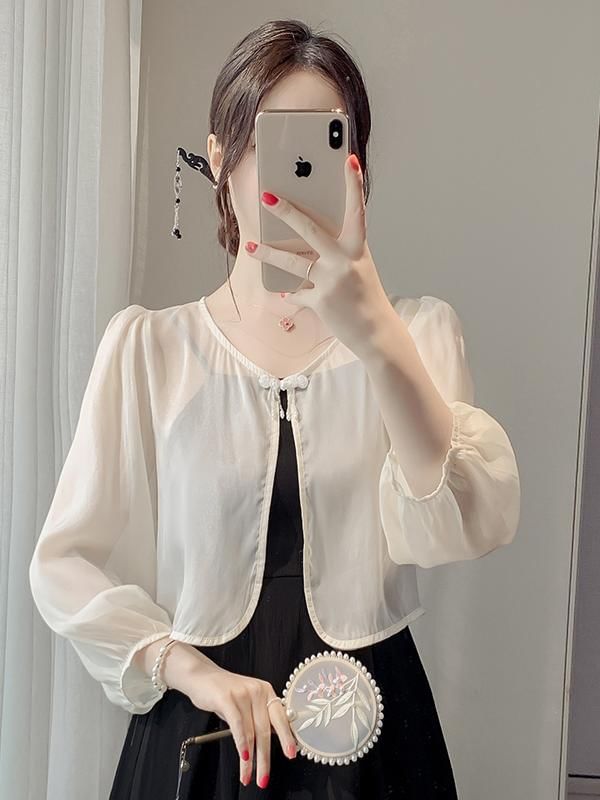 Puff-Sleeve Solid Light Jacket / Thin Strap Midi A-Line Dress