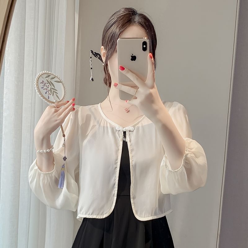 Puff-Sleeve Solid Light Jacket / Thin Strap Midi A-Line Dress