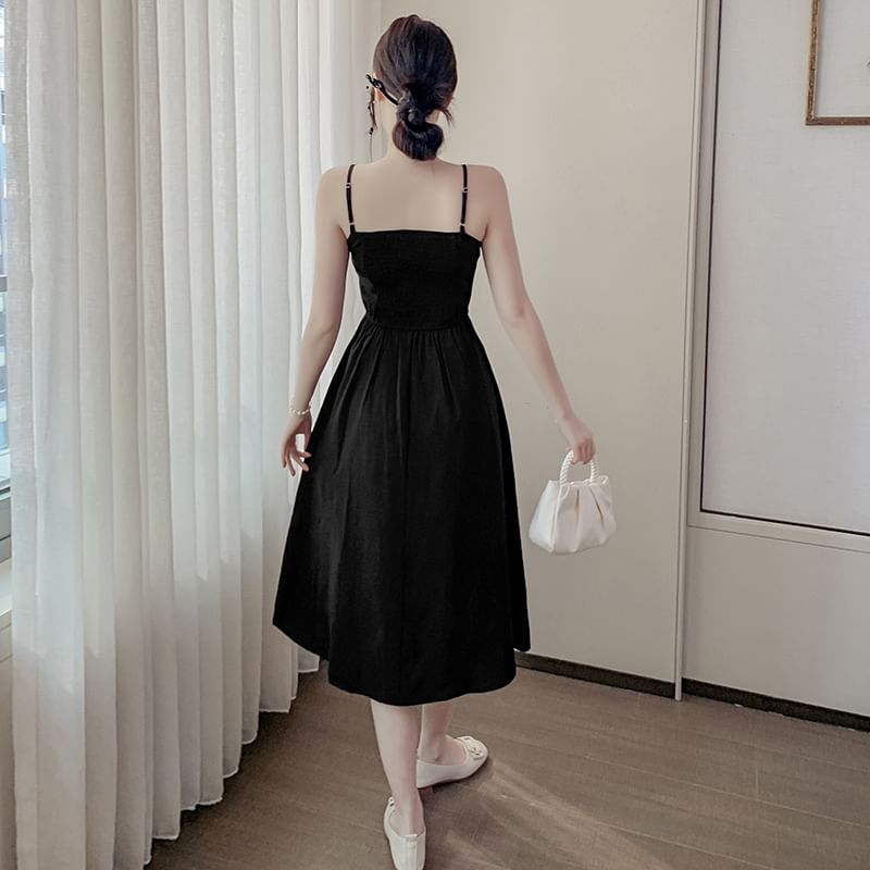 Puff-Sleeve Solid Light Jacket / Thin Strap Midi A-Line Dress