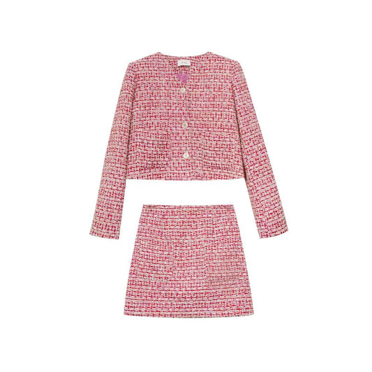 Set: V-Neck Button-Up Tweed Crop Jacket + High Rise Mini Pencil Skirt