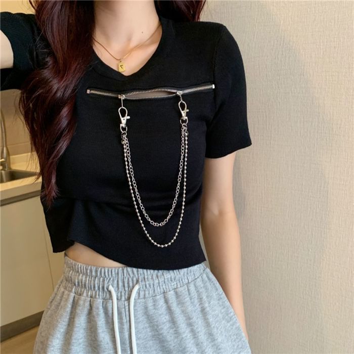 Short-Sleeve Neck Zip T-Shirt Crew Plain Chain